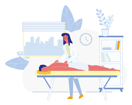Masseur Cabinet in Clinic or Hospital Flat Vector with Female Physiotherapist Massaging Back to Male Patient Who Lying on Couch Illustration. Physical Rehabilitation, Physiotherapy Procedures Conceptのイラスト素材