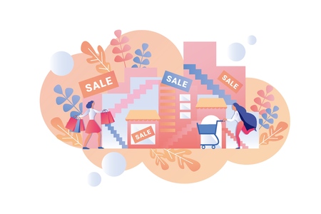 Happy Women go Shopping Mall for Seasonal Sale. Vector Illustration on White Background, Flat Cartoon. Action And Cumulative Discount for Purchase Everyday Goods. Woman with Cart near Store.のイラスト素材
