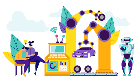 Smart Robots on Production Line For Car Assembly. People Control Production and Assembly Car, Performed by Robots and Machinery. Men at Factory Monitor Quality. Flat Vector Illustration Cartoon.のイラスト素材