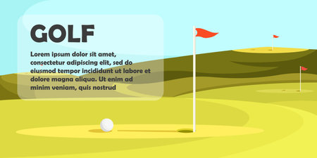 Blue Sky and Green Golf Field with Hole and Red Flag. Golfclub Poster. Template for Golf Club Competition, Tournament or Championship Event. Panorama View. Flat Vector Illustration. Horizontal Banner.のイラスト素材
