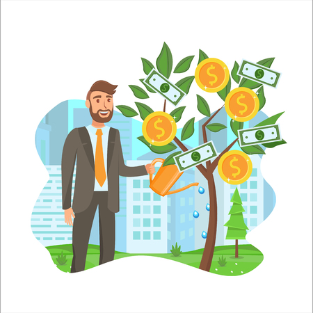 Business Development, Profit Growth Illustration. Businessman in Suit Cartoon Character. Entrepreneur Watering Money, Cash Tree . Growing Startup, Capital Formation Vector Color Drawingのイラスト素材