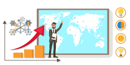 Entering World Market, Global Trading Illustration. Businessman Pointing at Map Cartoon Character. International Business Development Strategy. Stock Market Analysis, Corporate Profit Growthのイラスト素材