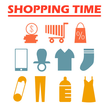 Shopping Time Cartoon Vector Illustrations Set. Internet Store Website Cart, Basket. Baby, Children Clothes Signs. Hypermarket, Mall Goods. Payment. Stack of Coins. Tablet, Smartphone Deviceのイラスト素材