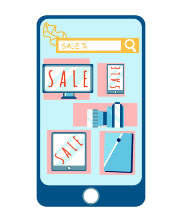 Electronics Internet Store App Vector Illustration. Ordering Gadget Online. Beneficial ECommerce. Big Clearance Sale. Devices Special Offer. Profitable Marketing. Computer, Tablet, TV Purchasingのイラスト素材