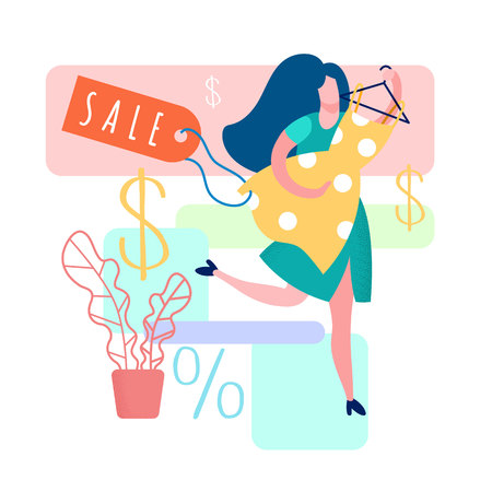 Woman Holding Dress Cartoon Vector Illustration. Gown Boutique, Showroom. Percentage Discount for Customers. Sale Tag. Cheap Womens Clothes. Happy Girl Shopping. House Plant in Potのイラスト素材