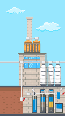 Water Treatment System Vector Color Illustration. Water Purification Technology. Sewage Filtration. Factory Building Cartoon Vertical Drawing. Plumbing Pipes in Underground Basementのイラスト素材