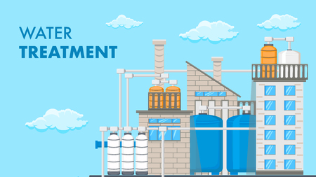 Water Treatment System Vector Banner with Text. Water Purification Technology. Reservoir, Tank with Liquid. Factory Building Flat Illustration. Plumbing Pipes. Cylinders, Bottles. Clouds in Skyのイラスト素材