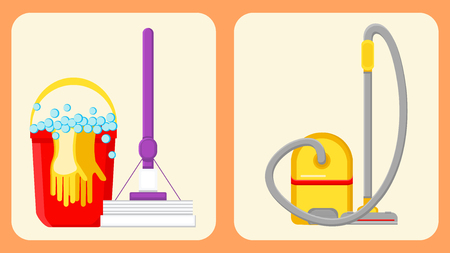 House Cleaning Appliances Vector Illustrations Set. Vacuum Cleaner Flat Clipart. Purple Floor Mop. Gloves in Red Bucket with Foam. Soap Bubbles. Household Supplies Design Elements Packのイラスト素材