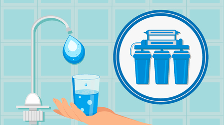 Water Tap with Blue Drop Cartoon Illustration. Hand Holding Glass with Clean Liquid. Filter in Circle. Reverse Osmosis Filtration System. Tile Wall Vector Drawing. Fluid with Bubbles. Water Treatmentのイラスト素材