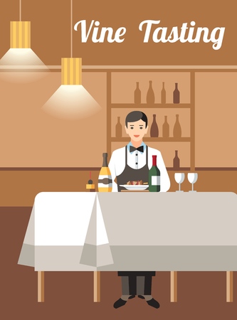 Wine Degustation Flat Vector Banner. Sommelier Cartoon Character. Served Tables with Wineglasses and Appetizers. Luxury Evening. Alcohol Bar. Barman, Bartender. Wine Tasting Event Flyer Design Layoutのイラスト素材