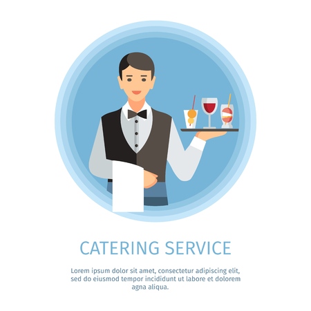 Waiter Serving Wine and Cocktails Banner Template. Waitress, Bartender with Serving Tray Cartoon Character. Catering Service Lettering with Text Space. Restaurant, Cafe, Cafeteria Poster, Flyer Designのイラスト素材