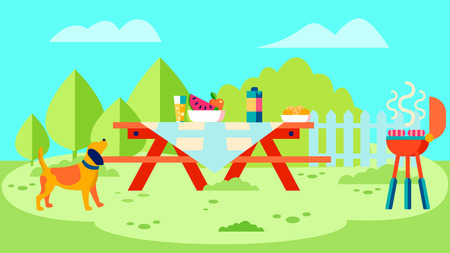Barbecue Garden Party Flat Vector Illustration. Served Table with Food, Snacks, Drink. BBQ Grill, Sausages. Fresh Air Dinner, Family Holiday. Cute Cartoon Dog, Puppy Running in Yardのイラスト素材