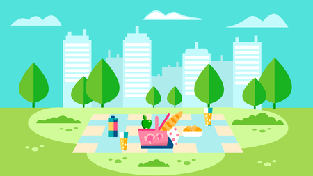 Countryside Picnic Preparation Flat Illustration. City Park Location. Basket with Food, Snacks, Fruits on Blanket. Baguette and Cookies. Juice, Fizzy Drinks. Summer, Spring Weekend Fun, Recreationのイラスト素材