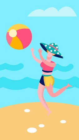 Elegant Lady Throwing Ball on Beach Illustration. Cartoon Female Holidaymaker Playing Beach Volleyball. Summer Outdoor Activities, Fitness Exercises for Women. Seaside Recreation Flatのイラスト素材
