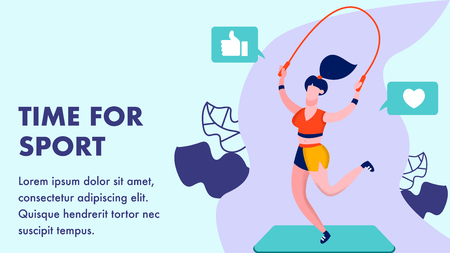 Time for Sport, Gym Flat Banner Vector Template. Fitness Coach Jumping Skipping Rope Cartoon Character. Active Lifestyle Blog, Workout Internet Channel. Physical Training Illustration with Copyspaceのイラスト素材