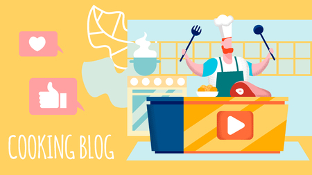 Cooking Blog, Culinary Workshop Flat Illustration. Cook Blogger Cartoon Character. Popular Online Food Show, Stream. Recipes Sharing, Educational Tutorial Video. Internet Blogging Banner with Textのイラスト素材