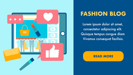 Fashion Blog Flat Landing Page Vector Template. Cosmetics Online Vlog, Internet Channel Webpage. Tablet with Website Interface. Purse, Brush and Likes. Feminine Blog Web Banner Conceptのイラスト素材