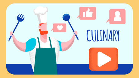Culinary Internet Video Blog Vector Illustration. Chef, Cook Cartoon Character. Blogger with Cookery Tools. Educational Vlog, Entertainment Content. Online Food Channel Flat Banner with Letteringのイラスト素材