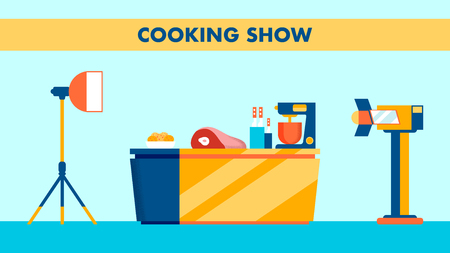 Cooking Show Set, Studio Vector Flat Illustration. Culinary Television Program Shooting Room. Entertaining TV Broadcasting. Camera, Spotlight and Table with Ingredients. Flat Banner with letteringのイラスト素材