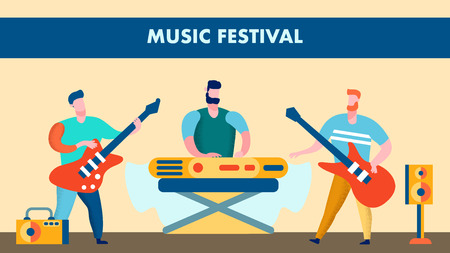 Music Festival, Live Show Flat Vector Illustration. Men with Musical Instruments Cartoon Characters. Guitarists and Keyboard Player. Rock Group, Band Music Show. Banner, Poster with Letteringのイラスト素材