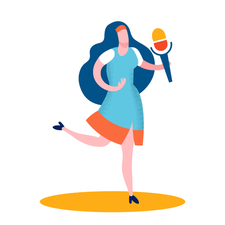 Professional Female Singer Flat Color Illustration. Young Woman in Dress Holding Microphone Cartoon Character. Musical Performance. Popular Musician, Pop Star. Entertainment Industry, Show Businessのイラスト素材