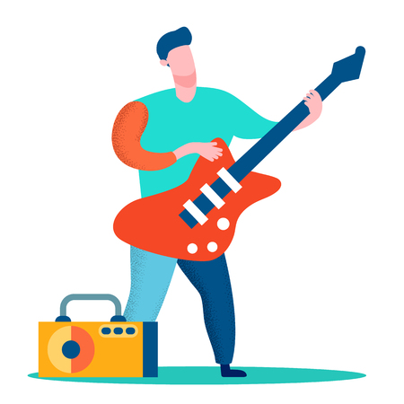 Professional Guitar Player Flat Color Illustration. Man Holding Electric Guitar Cartoon Character. Rock Star, Guitarist, Band Member Playing Solo. Musical Show, Concert, Stage Performanceのイラスト素材