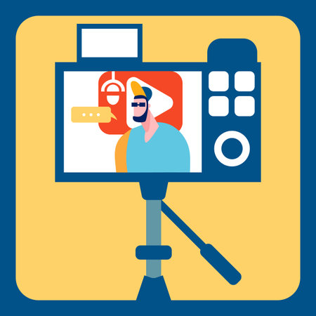 Streamer Recording Video Flat Color Illustration. Guy in Sunglasses and Peaked cap Cartoon Character. Video Content Creation Process. Young Vlogger Streaming, Camera on Tripod. Online Show Streamのイラスト素材
