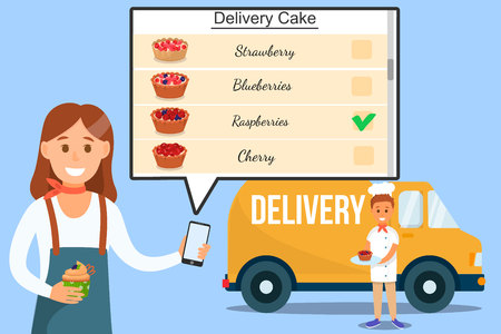 Cake Delivery Service Banner Vector Illustration. Menu in Mobile Phone, Different kinds of Pies and Tarts such as Strawberry, Blueberry, Raspberry, Cherry. Delivery Chef with Tart near Truckのイラスト素材