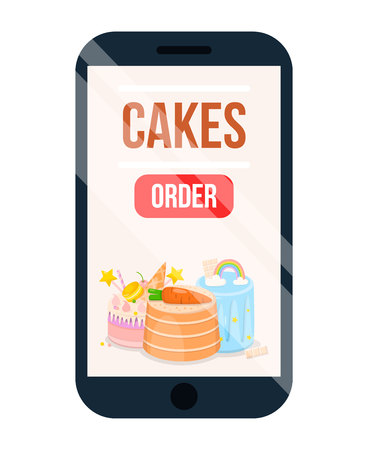 Cake Online Order Poster Vector Illustration. Smartphone Screen with Restaurant Menu, Shopping Pastry on Mobile Application. Tasty Pie Delivery Service Icon. Sweet Choice Bakery via Internet.のイラスト素材