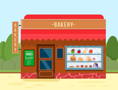 Bakery Shop Banner Vector Illustration. Cakes Natural Ingredients. Premium Quality. Chocolate and Fruity Desserts for Cake Store with Cupcakes, Pudding, Biscuits with Glaze and Whipped Cream.のイラスト素材