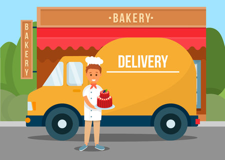 Delivery Man Standing on Background of Truck, Bakery Shop Banner Vector Illustration. Cheg with Double Decker Blueberry Cake Bringing Desserts with Truck Vehicle or Car. Cooking and Selling Pies.のイラスト素材