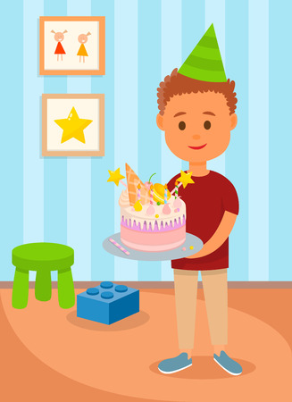 Boy in Birthday Hat at Home Poster Vector Illustration. Teenager Holding Cake with Sweets such as Glaze, Candles, Macaroons, Cherry, Waffle-cone. Kids Room with Pictures, Chair, Brick.のイラスト素材