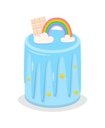 Rainbow Birthday Cake with Clouds, Glaze Cream and Sugar Stars Poster Vector Illustration. High Pie wir Bar of White Chocolate for Greeting, Invitation cards, Prints for Clothes, Ad for Bakery Shop.のイラスト素材