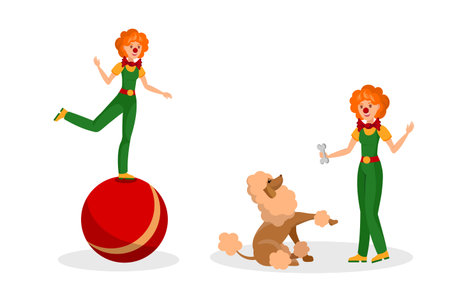 Friendly Clowns Rehearsal Flat Color Illustration. Performer with Bow tie Training Poodle. Women in Costumes Isolated Cartoon Characters on White Background. Cheerful Entertainer Performing Ball Trickのイラスト素材