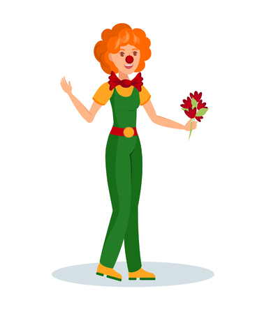 Funny Clown Holding Flowers Vector Illustration. Young Woman in Costume with Bow tie Cartoon Character. Friendly Jester with Red Nose and Funny Wig. Party Arrangement Business, Serviceのイラスト素材