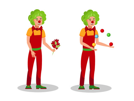 Funny Clowns Tricks Flat Color Vector Illustration. Young Men in Costumes and Funny Wigs Cartoon Characters. Smiling Jester Holding Flowers Bouquet. Harlequin with Bow tie Juggling with Ballsのイラスト素材