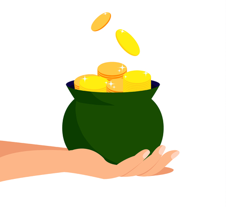Pot of Gold, Savings, Treasure Flat Illustration. Hand Holding Small Cast Iron Cauldron of Golden Coins. Lucky Magic Kettle. Saint Patrick Day, Irish Holiday Celebration. Investment, Savingsのイラスト素材