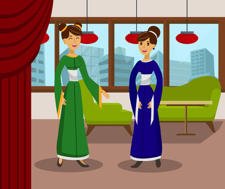 Female Friendship, Conversation Color Illustration. Chinese Women in Silk Dresses Cartoon Characters. Asian Girlfriends in Traditional Clothes Conversation. Eastern Beauty. Room Interior Decorのイラスト素材