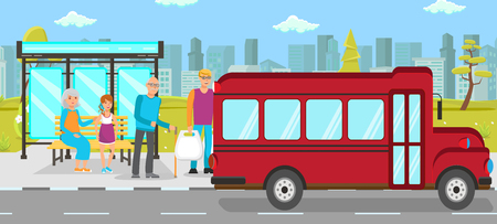 Bus Stop Public Transport Vector Flat Illustration. People Standing on Roadside Station Cartoon Characters. Young and Senior Men, Girl and Elderly Woman Waiting for Shuttle. Passengers Missed Busのイラスト素材