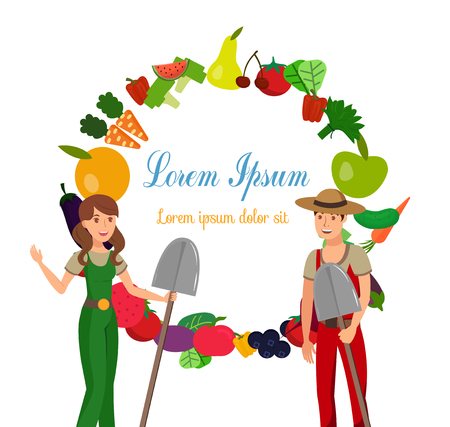 Harvesting Season Flat Vector Banner Template. Lettering in Vegetables Border, Frame. Cartoon Farmers with Shovels Characters. Gathering Fruits. Agriculture, Bio Produce, Eco Products, Organic Foodのイラスト素材