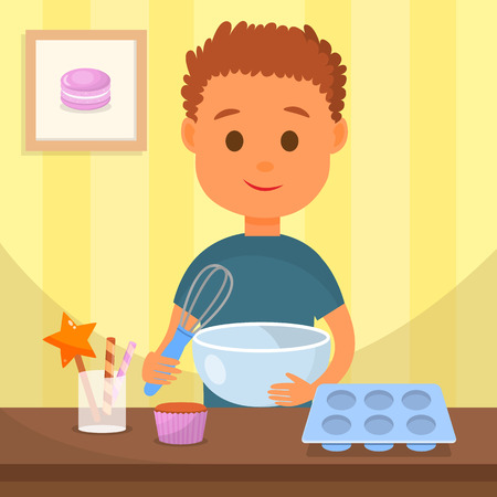 Child cooking Tasty Dessert Vector Illustration. Young Confectioner Baking Delicious cupcakes Cartoon Character. Household Bakery Flat Drawing. Confectionery Tools, Whisk, Bowl, Baking Dishのイラスト素材