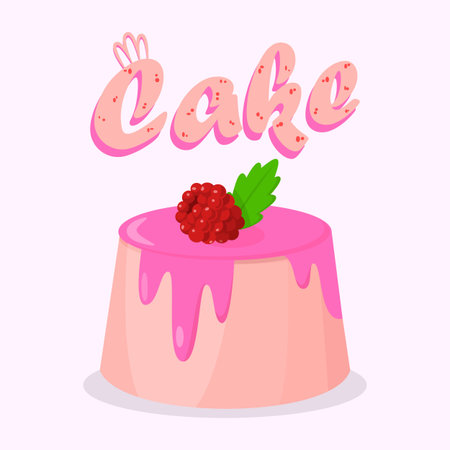 Delicious Cake with Raspberry Poster Template. Tasty Dessert Cartoon Vector Illustration with...