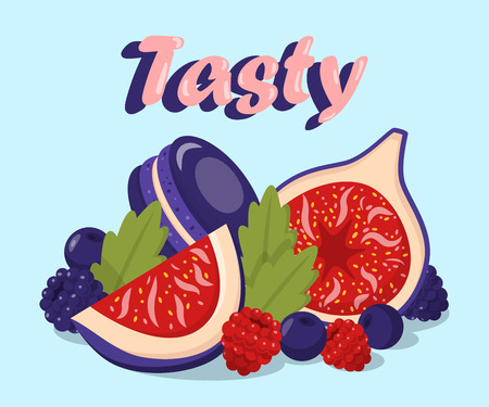 Confectionery and Berries Vector Illustration. Sweet Dessert Vector Drawing with Lettering. Macaroon, Figs, Razz, Blueberries. Confectionery, Pastry shop, Bakery, Buffet Web Banner Layoutのイラスト素材