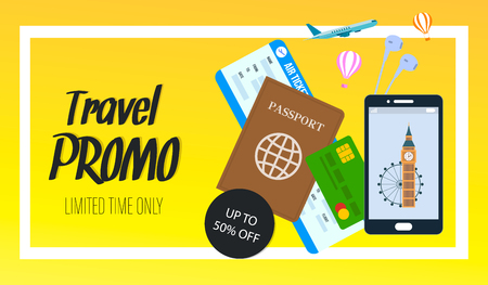 Travel Promo Vector Horizontal Flyer with Text. Great Britain Tour Special Offer, Discount. Air Ticket, Passport Flat Drawing. Big Ben Photo on Smartphone Screen. Travel Voucher. Tour Operator Bannerのイラスト素材