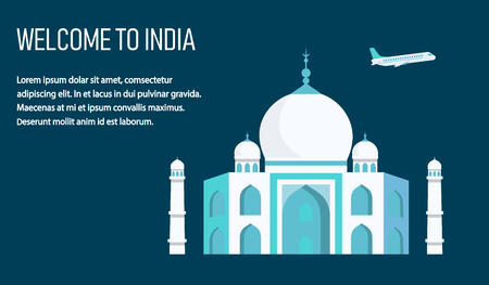 Welcome to India Lettering Flat Banner Template. Asian Architecture Informative Article with Text Space. Travel Agency Banner. Taj Mahal Vector Illustration. Agra Traditional Tourist Attractionのイラスト素材