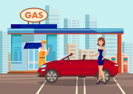 Woman at Filling Center Vector Color Illustration. Employee in Overalls and Female in Dress Cartoon Characters. Cabriolet at Gasoline Refill Center. Transport Fueling Service. Petroleum Industryのイラスト素材