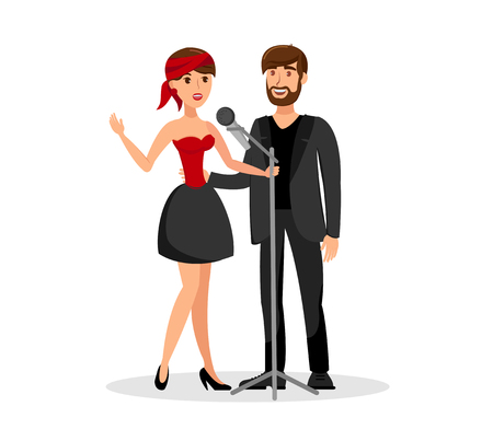 Man and Woman Duet Singing Together in Microphone. Two Vocalists Cartoon Characters. Male and Female Singers Performing on Stage Isolated Design Element. Happy Couple Enjoy Karaoke Partyのイラスト素材