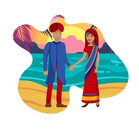 Old Married Couple, Husband and Wife Illustration. Man in Turban and Woman in Saree Dress Cartoon Characters. Cheerful Indian People in Traditional Outfits Holding Hands on Beach. Hindu Matrimonyのイラスト素材
