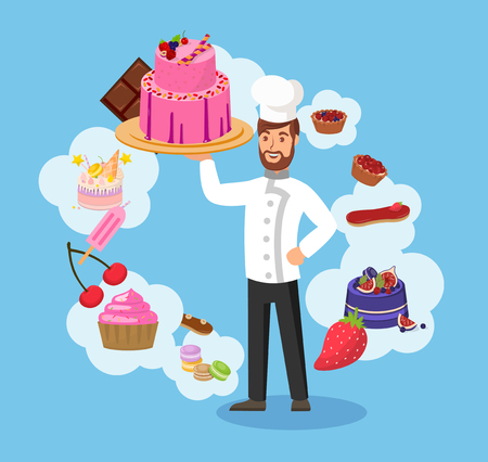 Master Chef with Bakery Color Vector Illustration. Chef Holding Serving Tray with Cake Cartoon Character. Confectioner with Delicious Dessert. Candy Store Employee Surrounded with Sweetsのイラスト素材