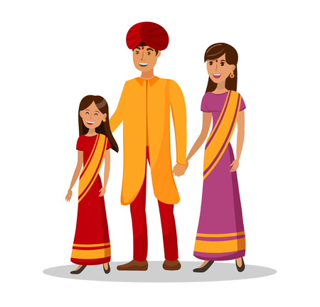 Indian Culture, Girl with Parents Illustration. Woman, Kid and Man Holding Hands Cartoon Characters. Mother, Father and Daughter in Ethnic Clothing. Happy Parenthood, Togetherness Conceptのイラスト素材